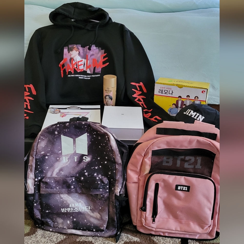 BTS Band Merch Lot CD's Backpacks Hoodie Lemona Drinks Accessories